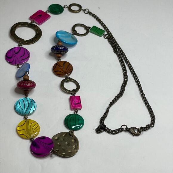 Necklace multi colored chunky disks beaded costume jewelry blue yellow pink - Picture 5 of 11